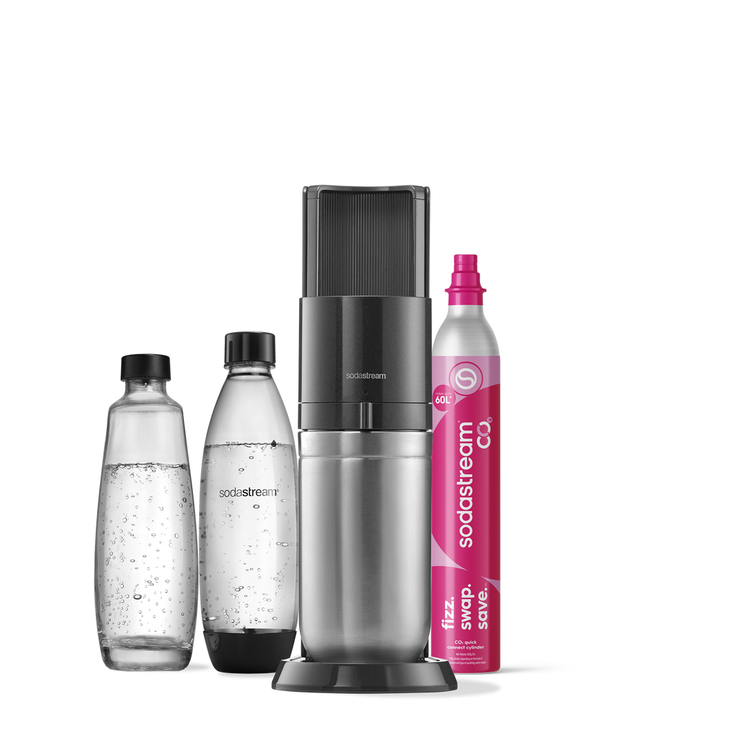 Sodastream DUO sparkling drink maker with glass and plastic bottles and Quick Connect CO2