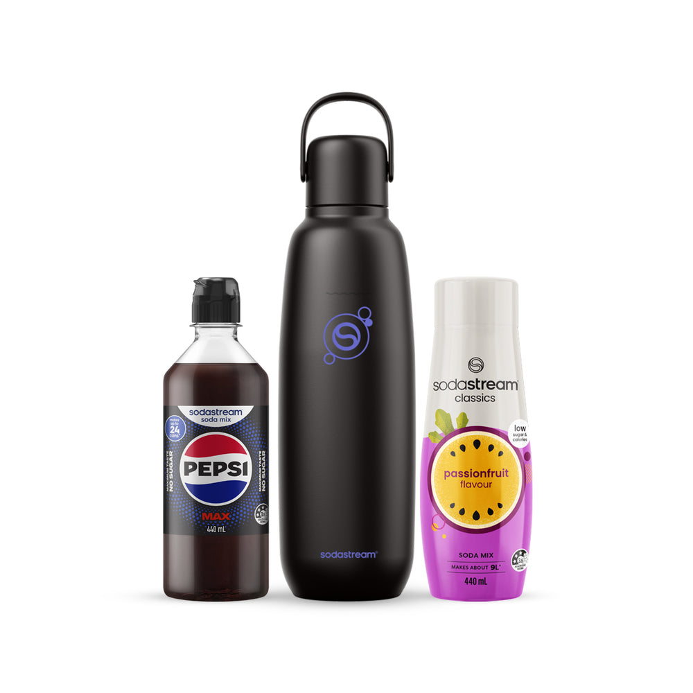 Sodastream Fizz & Go stainless steel carbonating bottle 900 mL black insulated sparkling drink bottle
