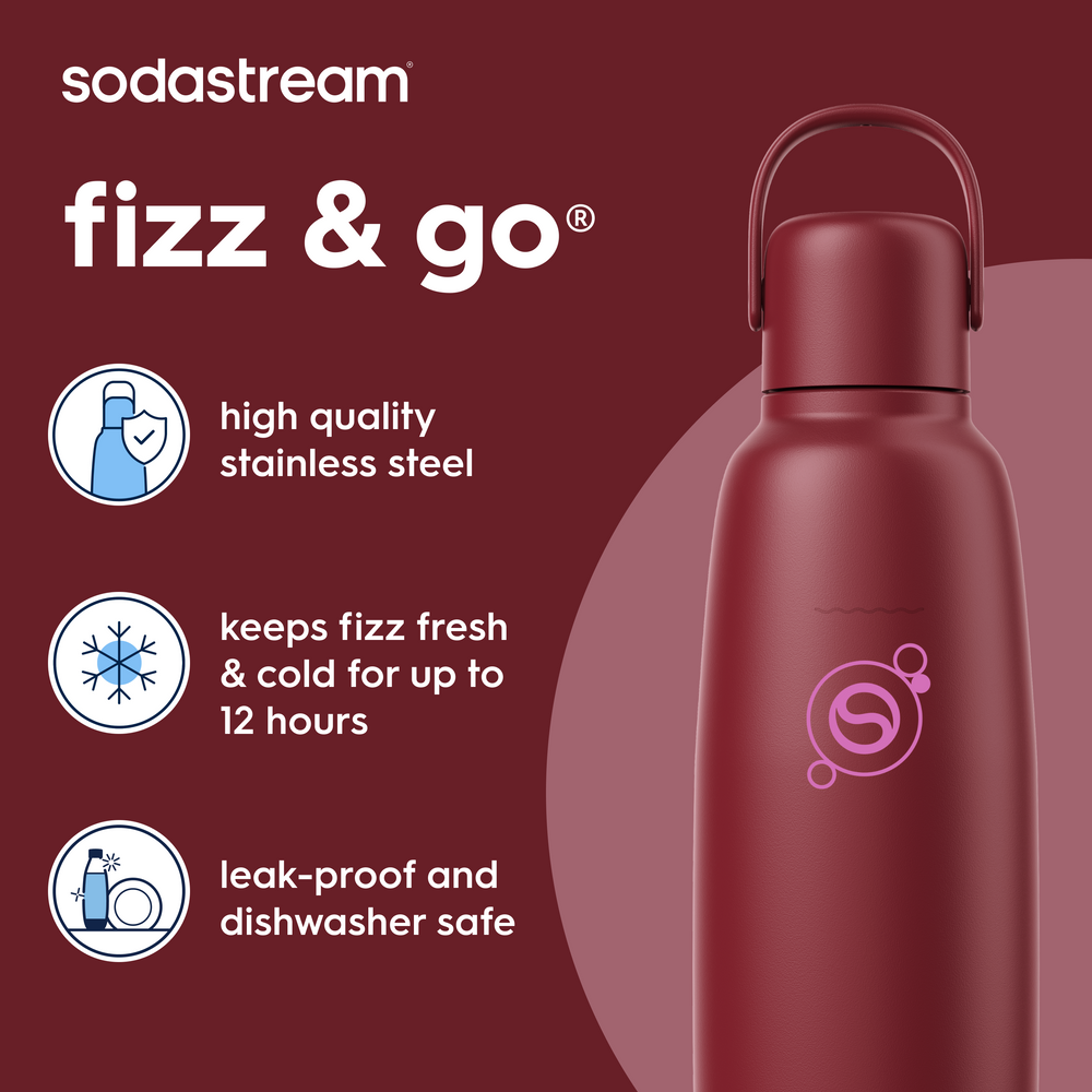 Sodastream Pomegranate Fizz & Go® Stainless Steel Bottle 900ml | Insulated Sparkling Drink Bottle